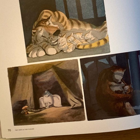 This page from 'They Drew As They Pleased, Vol 4' by Didier Ghez shows several of Mary Blair's story sketches for 'Dumbo': a sleeping tiger in her cage curled around her cubs, a sleeping bear cradling her cub in her arms, and chained-up Dumbo without his mom, starting longingly out of his tent.